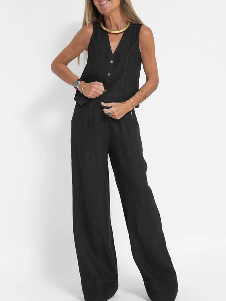 Aira - Button-Up Vest and Wide-Leg Trouser Ensemble