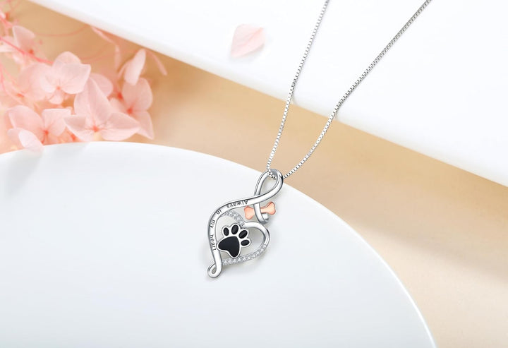 Lucky Paw Heart, Bone & Infinity Necklace – Pendant Inscribed with 'Forever in My Heart'
