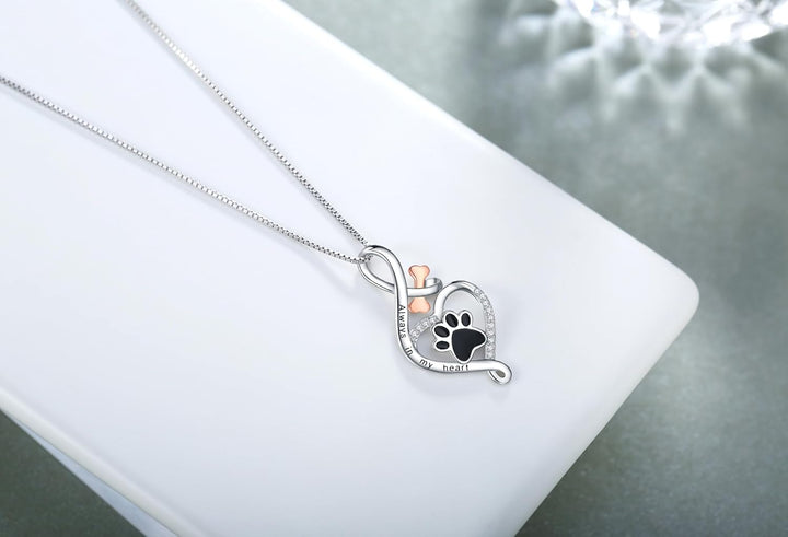 Lucky Paw Heart, Bone & Infinity Necklace – Pendant Inscribed with 'Forever in My Heart'