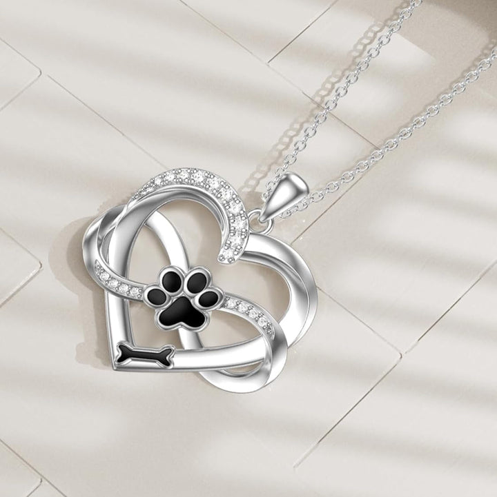 925 Sterling Silver Infinity Heart and Paw Necklace with Zirconia