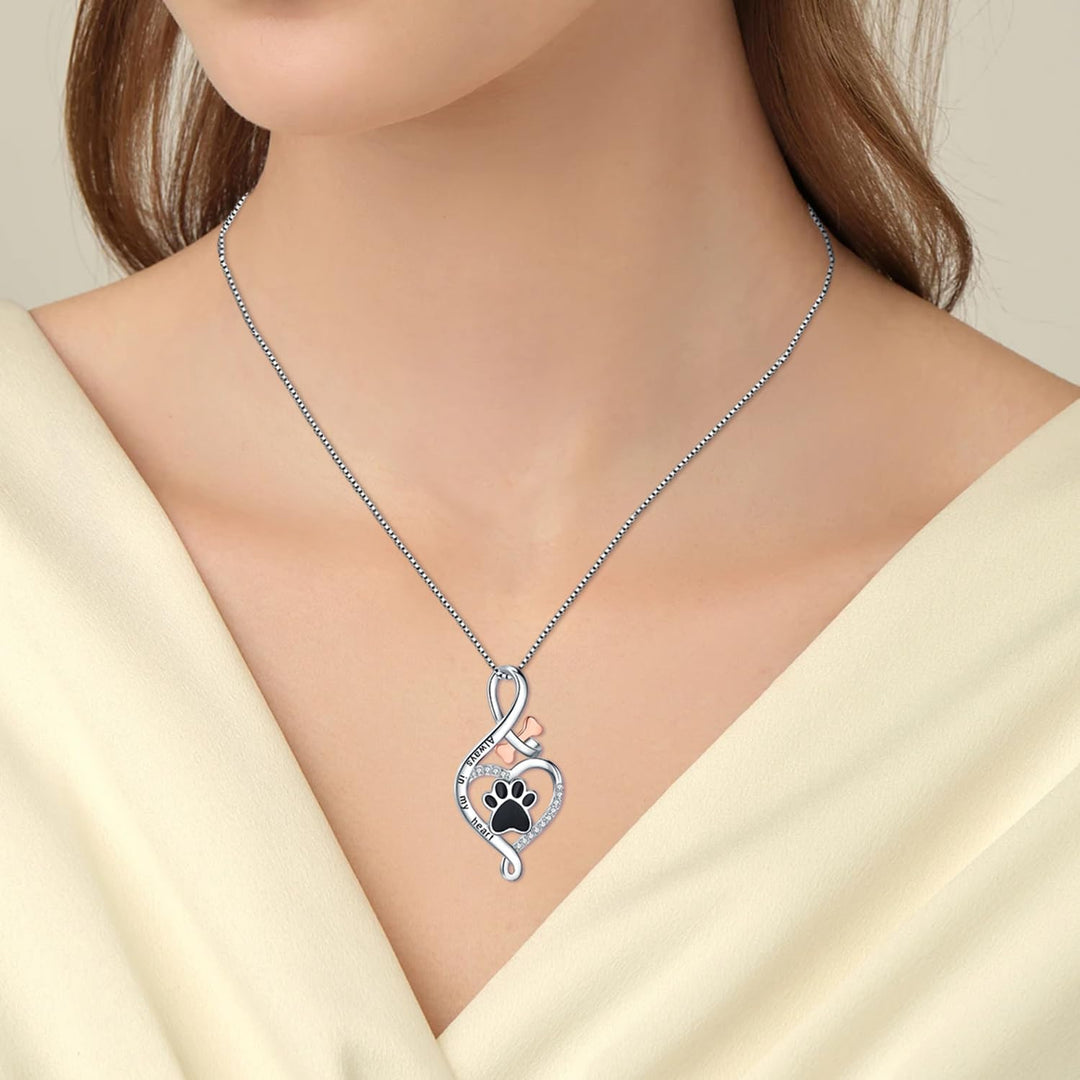 Lucky Paw Heart, Bone & Infinity Necklace – Pendant Inscribed with 'Forever in My Heart'