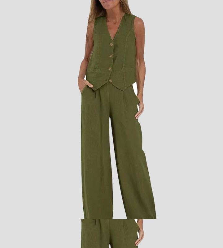 Aira - Button-Up Vest and Wide-Leg Trouser Ensemble