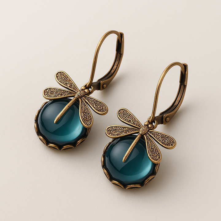Antique Gold Spherical Dragonfly Earrings