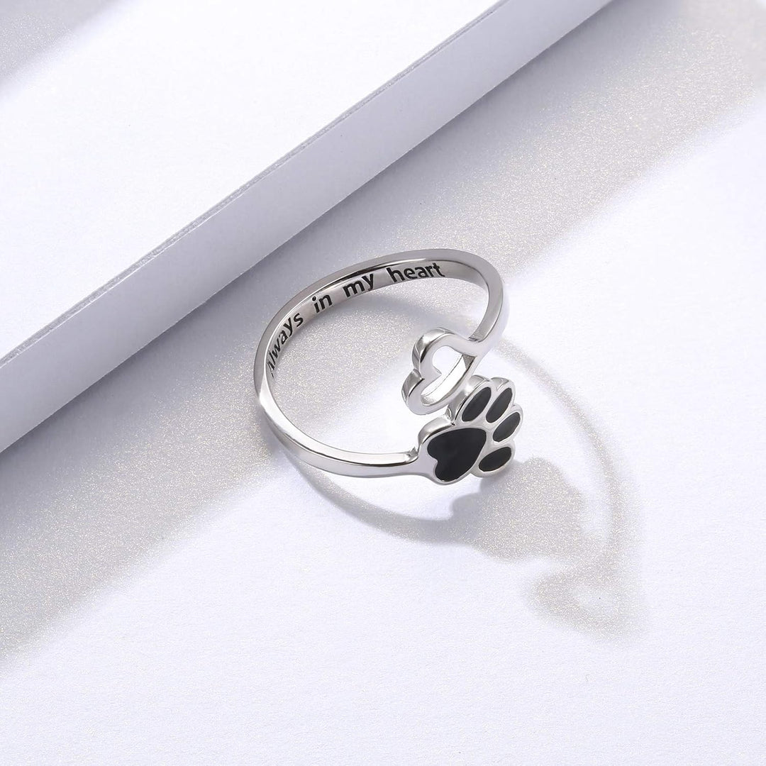 Adjustable 925 Sterling Silver Paw & Heart Ring – Handcrafted Design