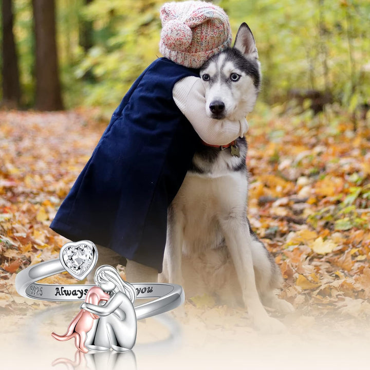 925 Sterling Silver Adjustable Dog Ring – 'Forever in My Heart' with Zirconia