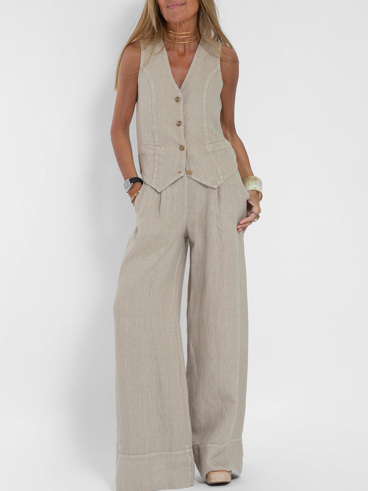 Aira - Button-Up Vest and Wide-Leg Trouser Ensemble