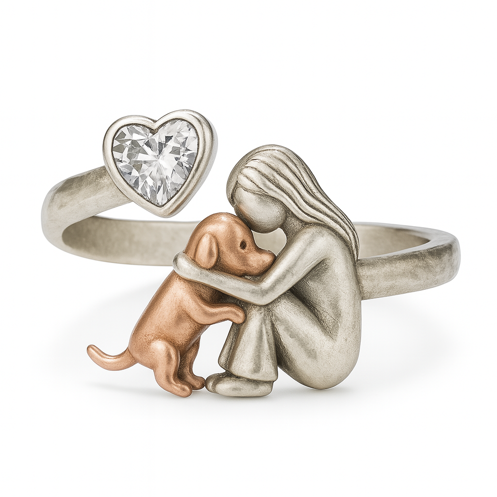 Adjustable Handcrafted 925 Sterling Silver Dog Ring Featuring Heart-Shaped Zirconia