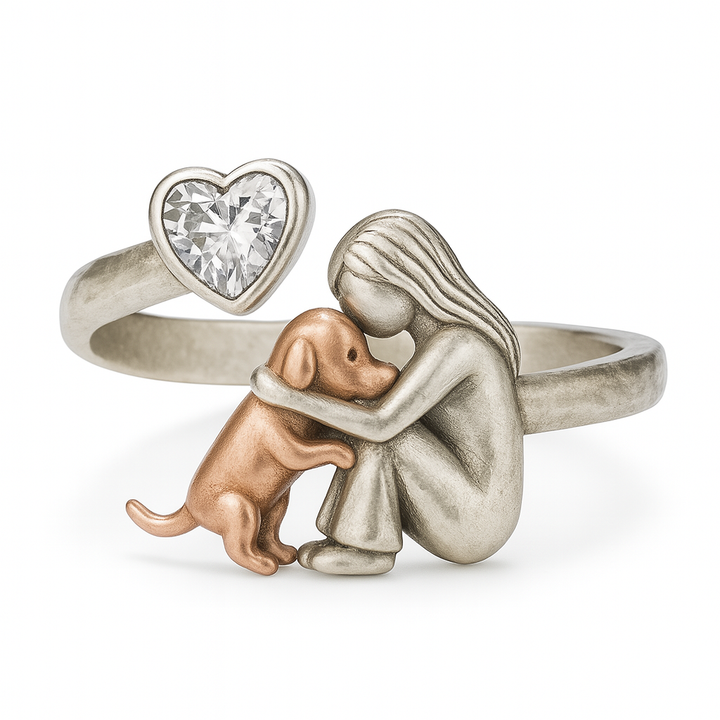 Adjustable Handcrafted 925 Sterling Silver Dog Ring Featuring Heart-Shaped Zirconia