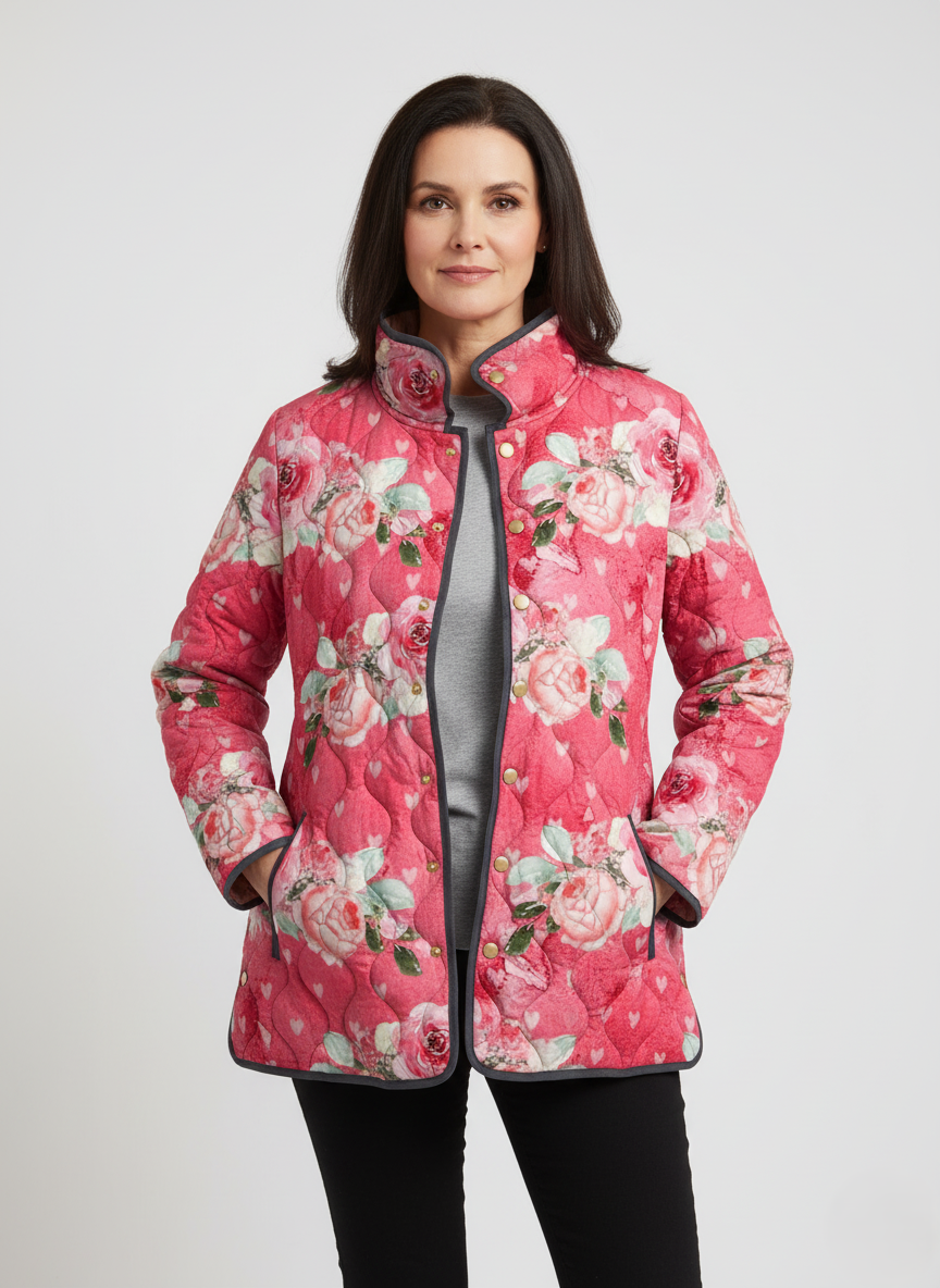 Women's Romantic Rose Print Quilted Jacket