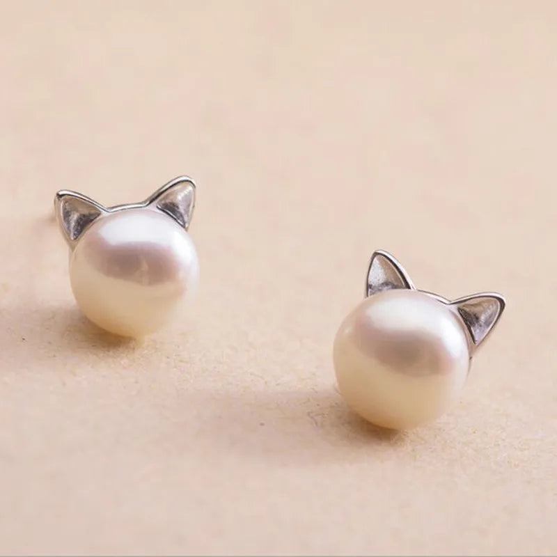 Pearl Cat Stud Earrings in Sterling Silver