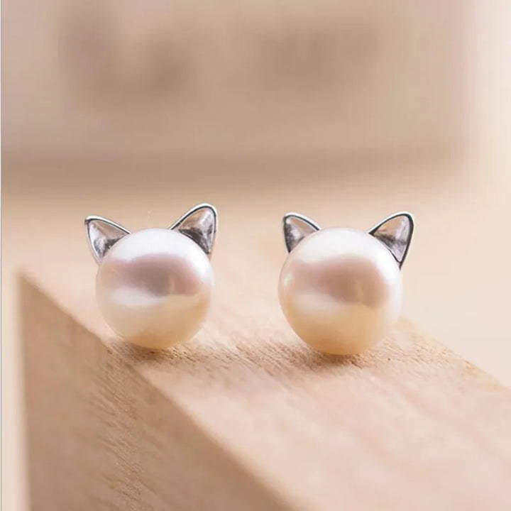 Pearl Cat Stud Earrings in Sterling Silver