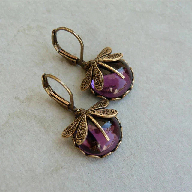 Antique Gold Spherical Dragonfly Earrings