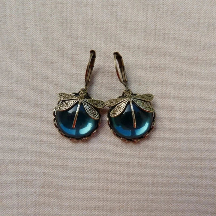 Antique Gold Spherical Dragonfly Earrings