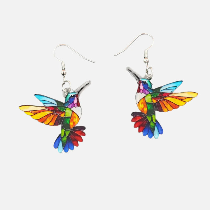 Colorful Acrylic Hummingbird Dangle Earrings – Vibrant 2D Bird Design