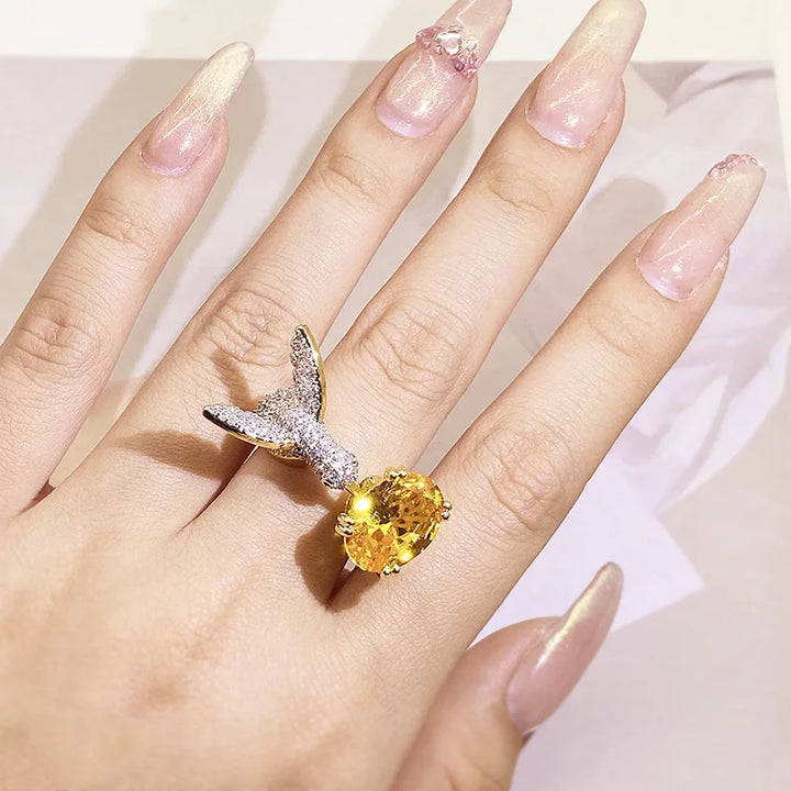 Adjustable Hummingbird Gemstone Ring – Zircon in 14K Gold Finish
