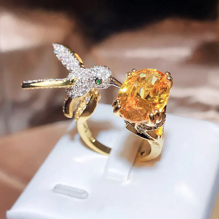 Adjustable Hummingbird Gemstone Ring – Zircon in 14K Gold Finish