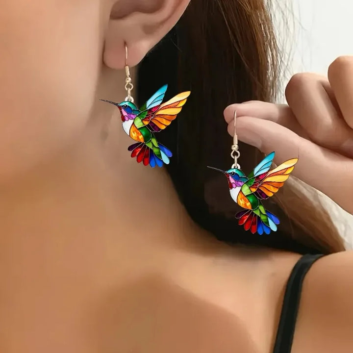 Colorful Acrylic Hummingbird Dangle Earrings – Vibrant 2D Bird Design