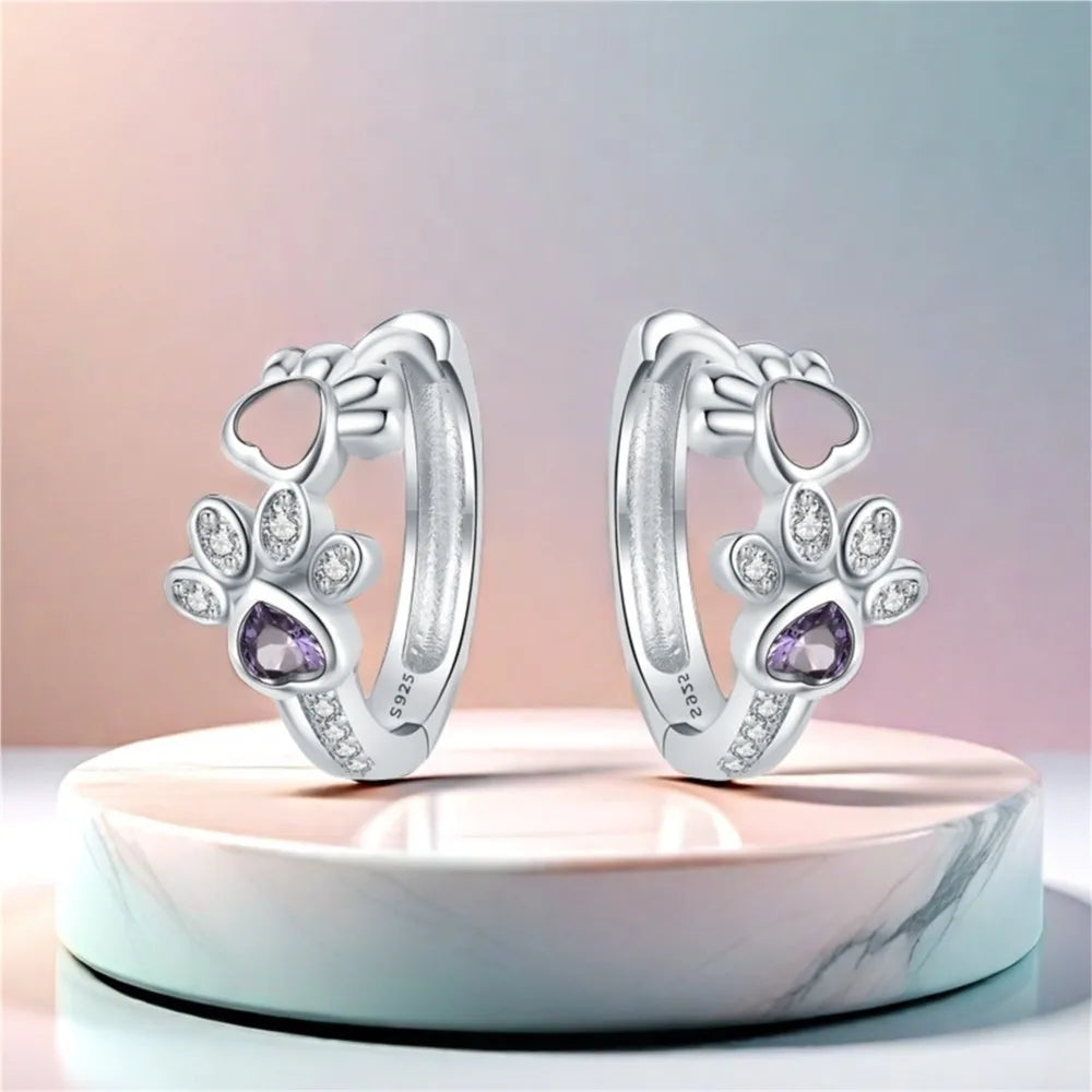 925 Sterling Silver Paw Huggie Earrings – Adorned with Zirconia and Heart Gem