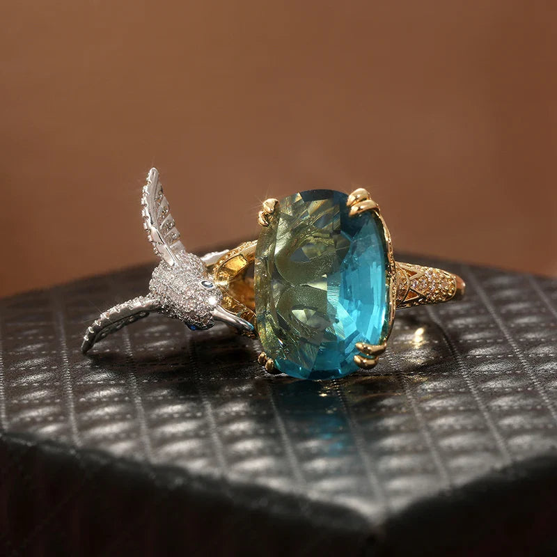 14K Gold Plated Adjustable Hummingbird Ring in Aquamarine Hue