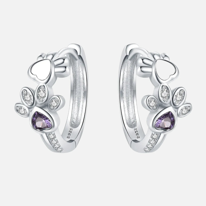 925 Sterling Silver Paw Huggie Earrings – Adorned with Zirconia and Heart Gem