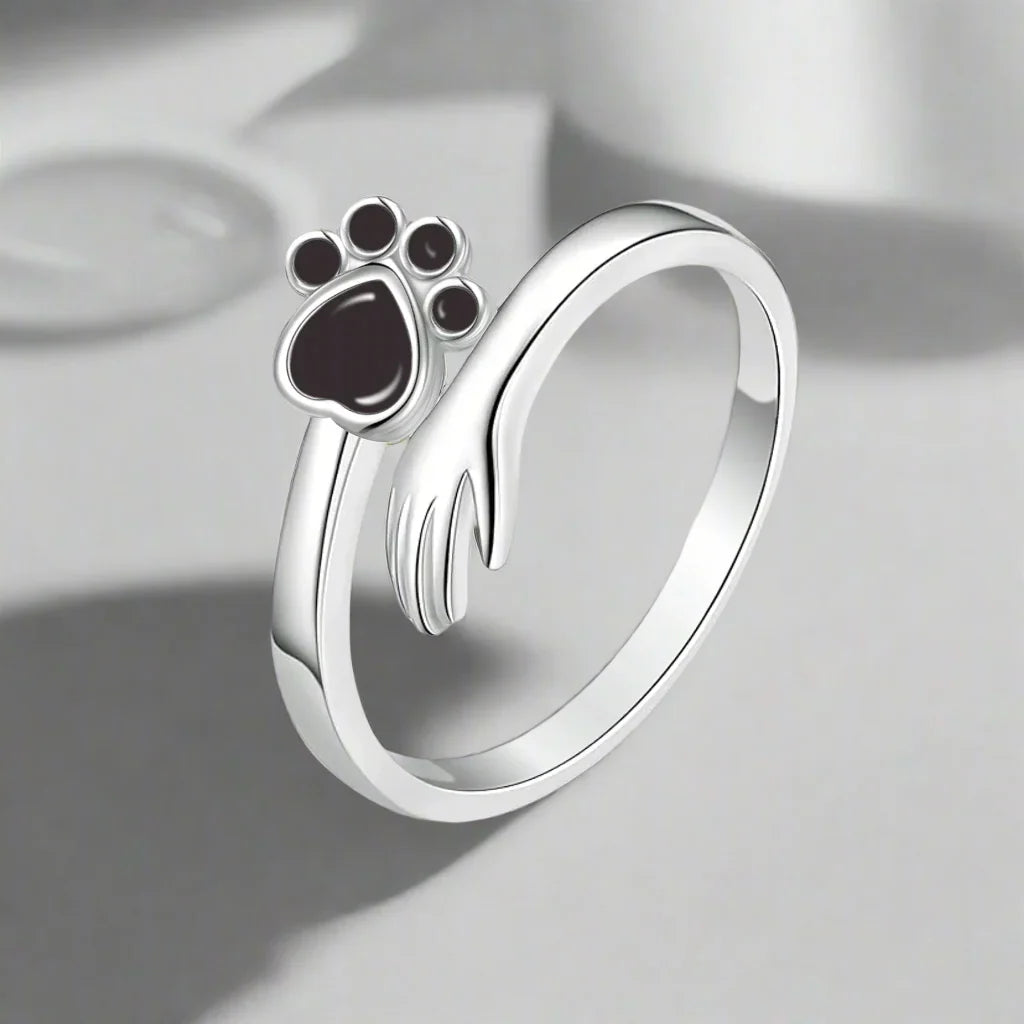 Adjustable 925 Sterling Silver Ring – Featuring Hand and Paw Print Design