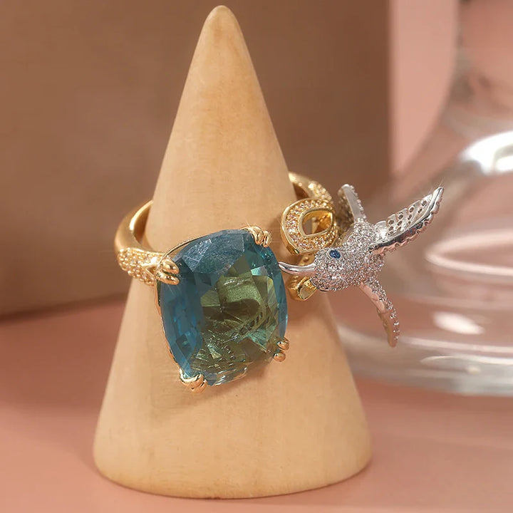 14K Gold Plated Adjustable Hummingbird Ring in Aquamarine Hue