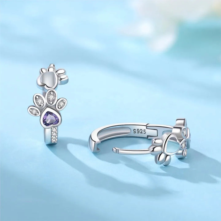 925 Sterling Silver Paw Huggie Earrings – Adorned with Zirconia and Heart Gem