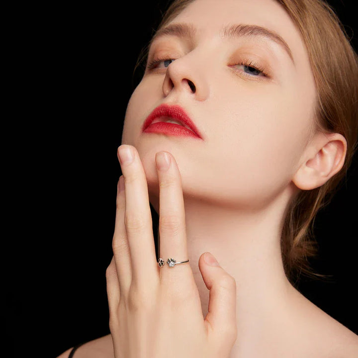 Adjustable 925 Sterling Silver Paw Ring with Zirconia and Enamel Accents