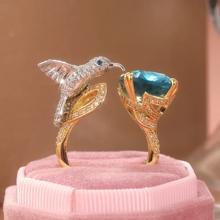 14K Gold Plated Adjustable Hummingbird Ring in Aquamarine Hue