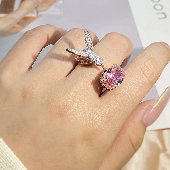 Adjustable Hummingbird Gemstone Ring – Zircon in 14K Gold Finish