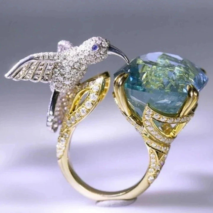 14K Gold Plated Adjustable Hummingbird Ring in Aquamarine Hue