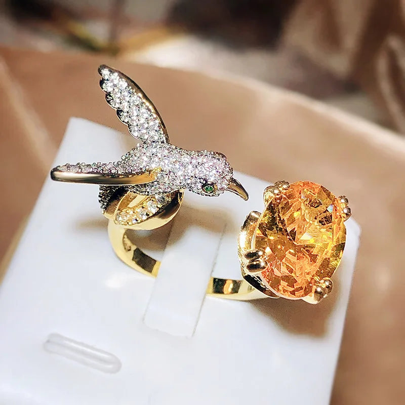 Adjustable Hummingbird Gemstone Ring – Zircon in 14K Gold Finish