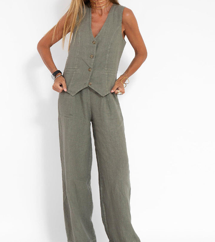 Aira - Button-Up Vest and Wide-Leg Trouser Ensemble