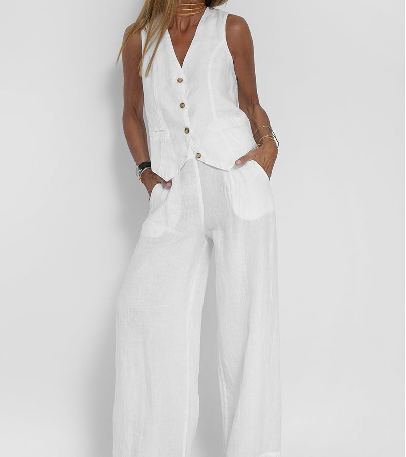 Aira - Button-Up Vest and Wide-Leg Trouser Ensemble