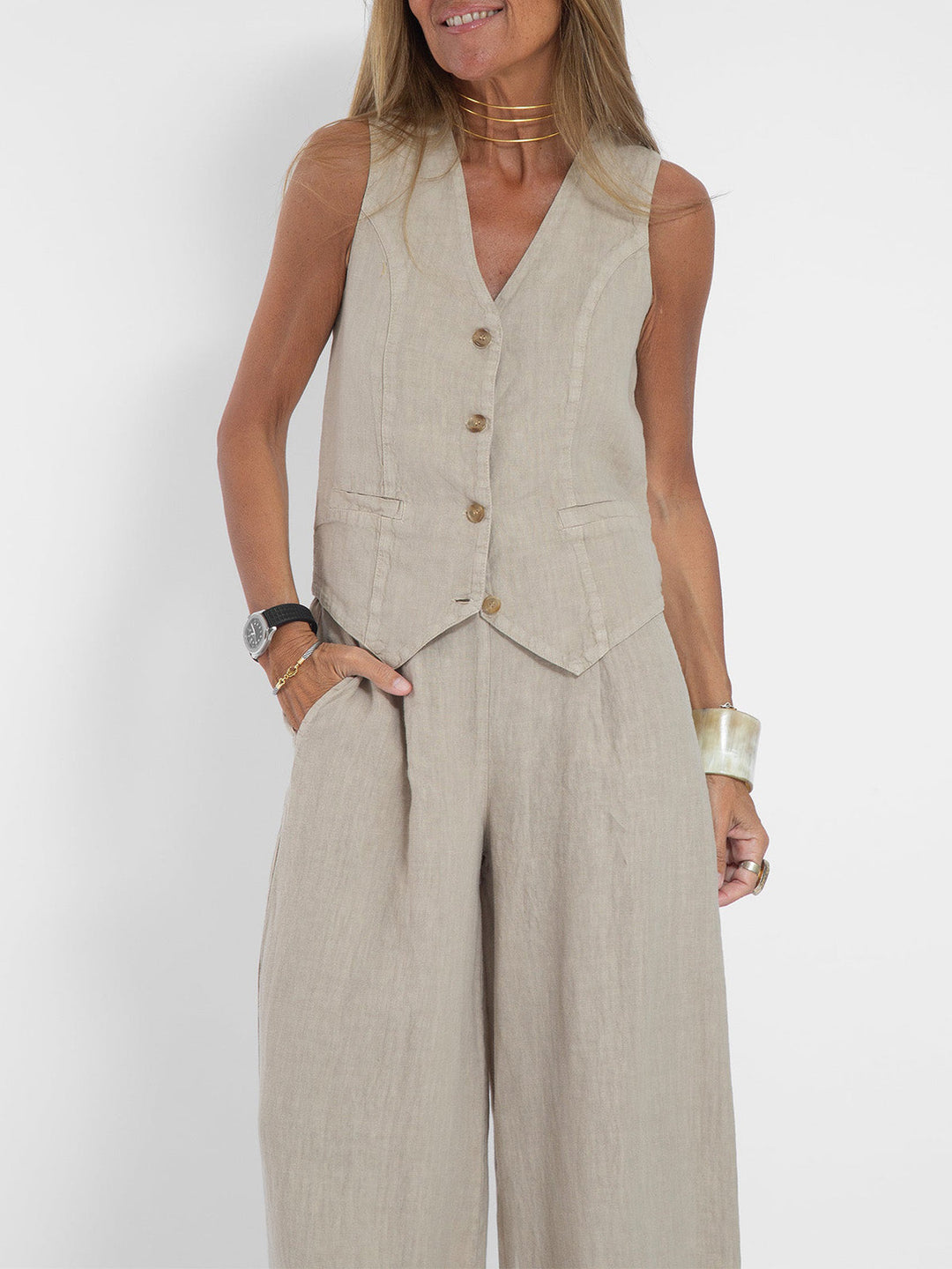Aira - Button-Up Vest and Wide-Leg Trouser Ensemble