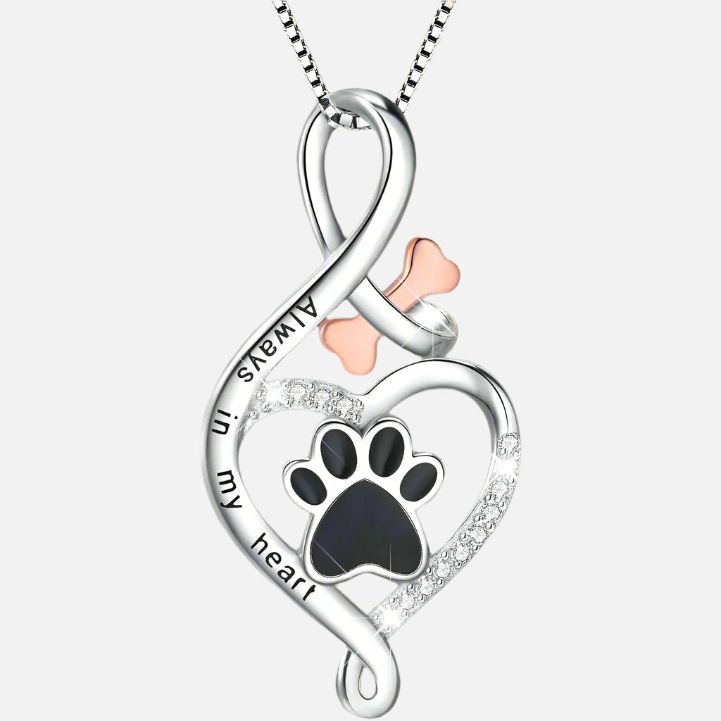 Lucky Paw Heart, Bone & Infinity Necklace – Pendant Inscribed with 'Forever in My Heart'