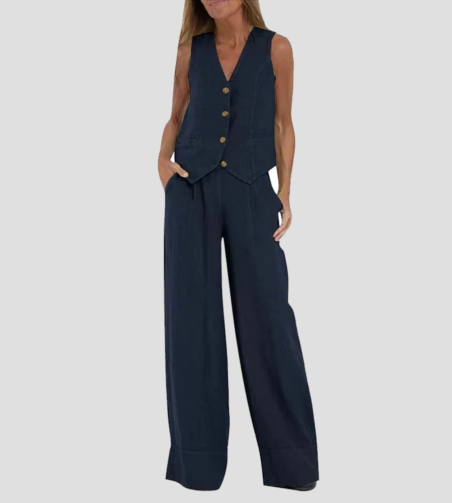 Aira - Button-Up Vest and Wide-Leg Trouser Ensemble