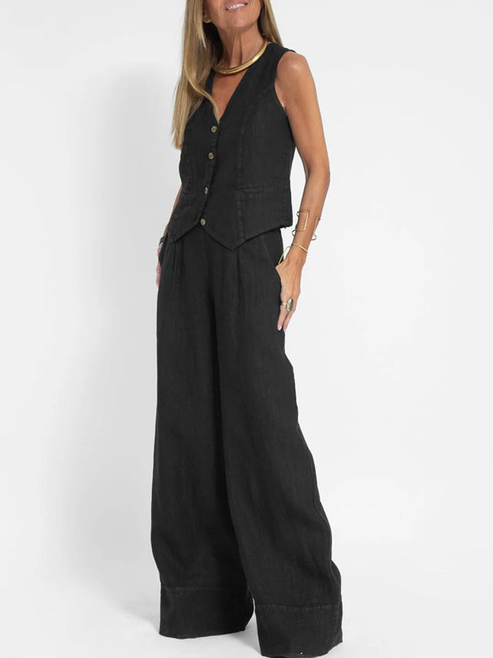 Aira - Button-Up Vest and Wide-Leg Trouser Ensemble
