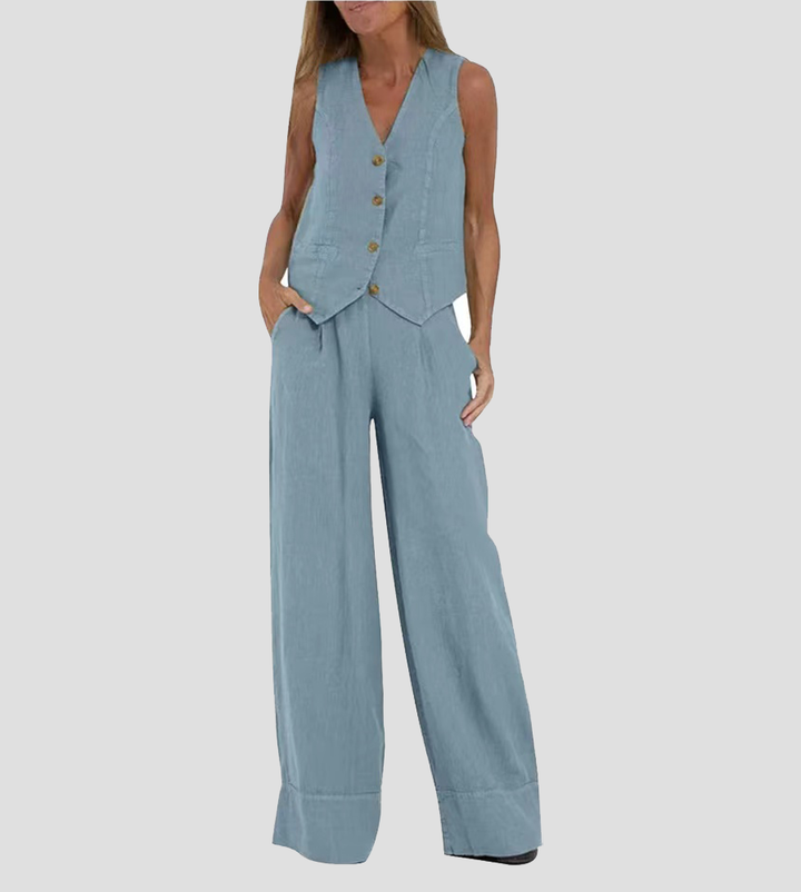 Aira - Button-Up Vest and Wide-Leg Trouser Ensemble