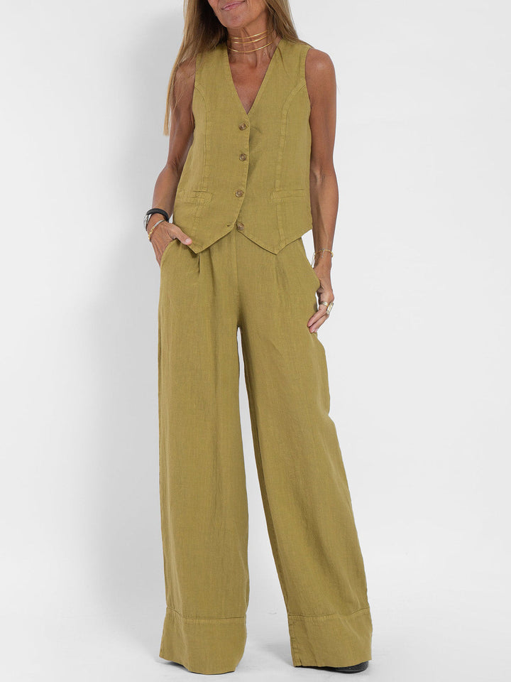 Aira - Button-Up Vest and Wide-Leg Trouser Ensemble