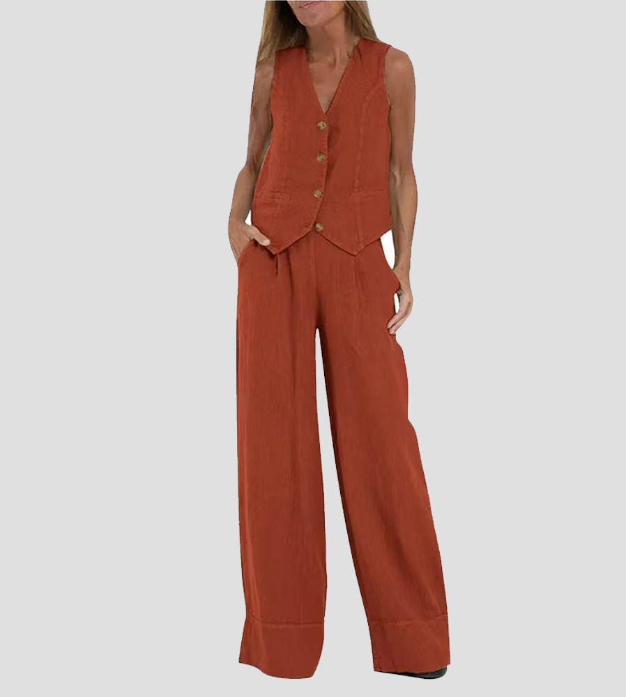 Aira - Button-Up Vest and Wide-Leg Trouser Ensemble