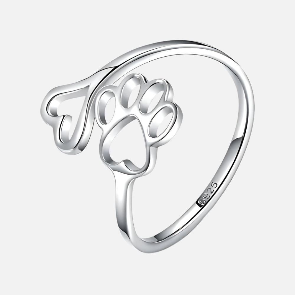 Adjustable 925 Sterling Silver Paw & Heart Ring – Handcrafted Design