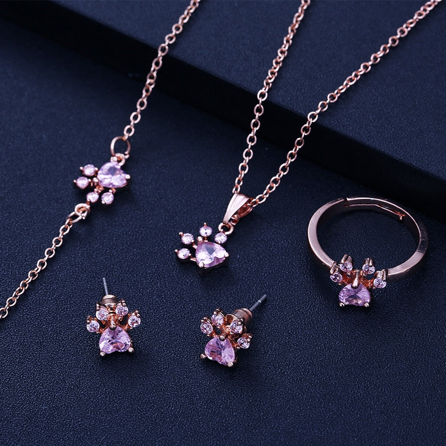 4-Piece Rose Gold Paw Jewelry Set with Zirconia Heart (Includes Ring, Necklace, Earrings, and Bracelet)