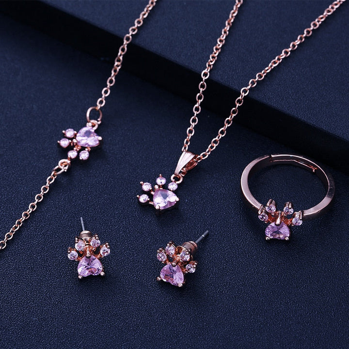 4-Piece Rose Gold Paw Jewelry Set with Zirconia Heart (Includes Ring, Necklace, Earrings, and Bracelet)