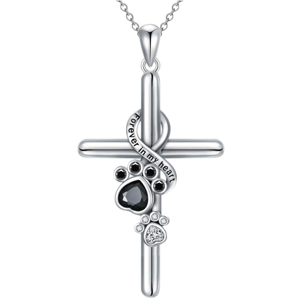 Sterling Silver 925 Paw Print and Cross Pendant Necklace
